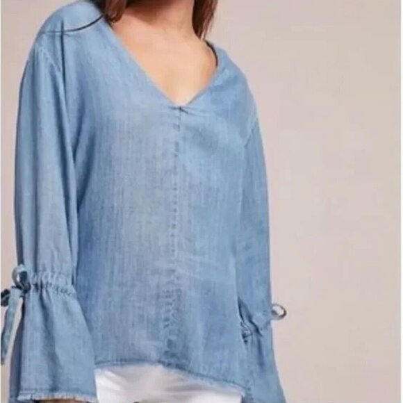 Rails Linen Blend Zimi Vintage Wash Chambray Bell Sleeves V Neck Long Sleeve Top - Picture 14 of 15